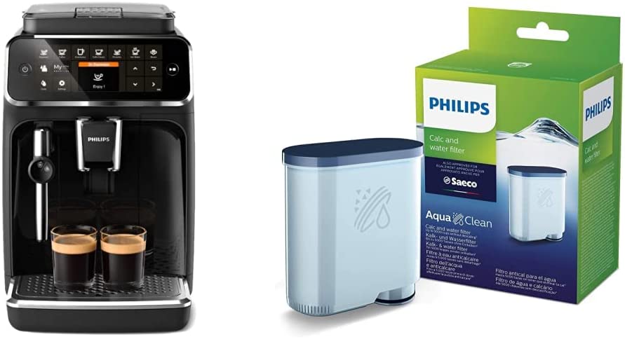 Philips Domestic Appliances Philips 4300 Series EP4321/50 Fully Automatic Coffee Machine, 5 Coffee Specialities, Matte Black/Piano Lacquer, Black Arena & Philips Lime CA6903/10 Aqua Clean Water Filter for Fully Automatic Coffee Machines, Plastic