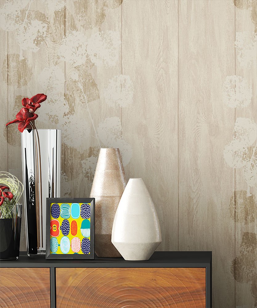 Newroom Wood Wallpaper Beige Non-Woven Wallpaper Cream/Brown Floral Flower 