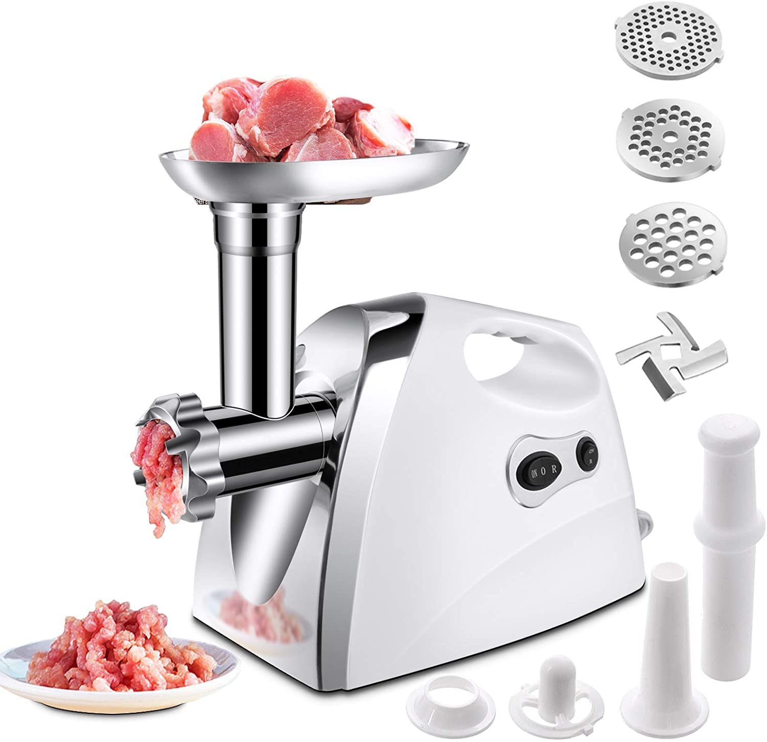 DREAMADE Electric Meat Mincer with Sausage Filler Perforated Discs Food Slicer Multifunctional Sausage Machine 1200 W Sausage Filler with Sausage Attachment, Chopper for Kitchens