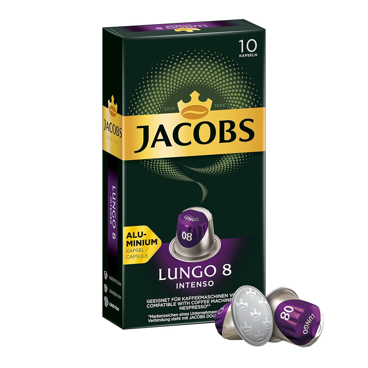 Jacobs Lungo Intenso Coffee Capsules, Intensity 8 out of 12, 10 Nespresso®* Compatible Capsules, Pack of 1 (1 x 52 g)