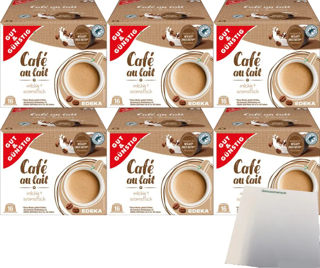 G&G Cafe au lait coffee capsules suitable for Nescafe Dolce Gusto 6-pack (6x16 servings) + usy block
