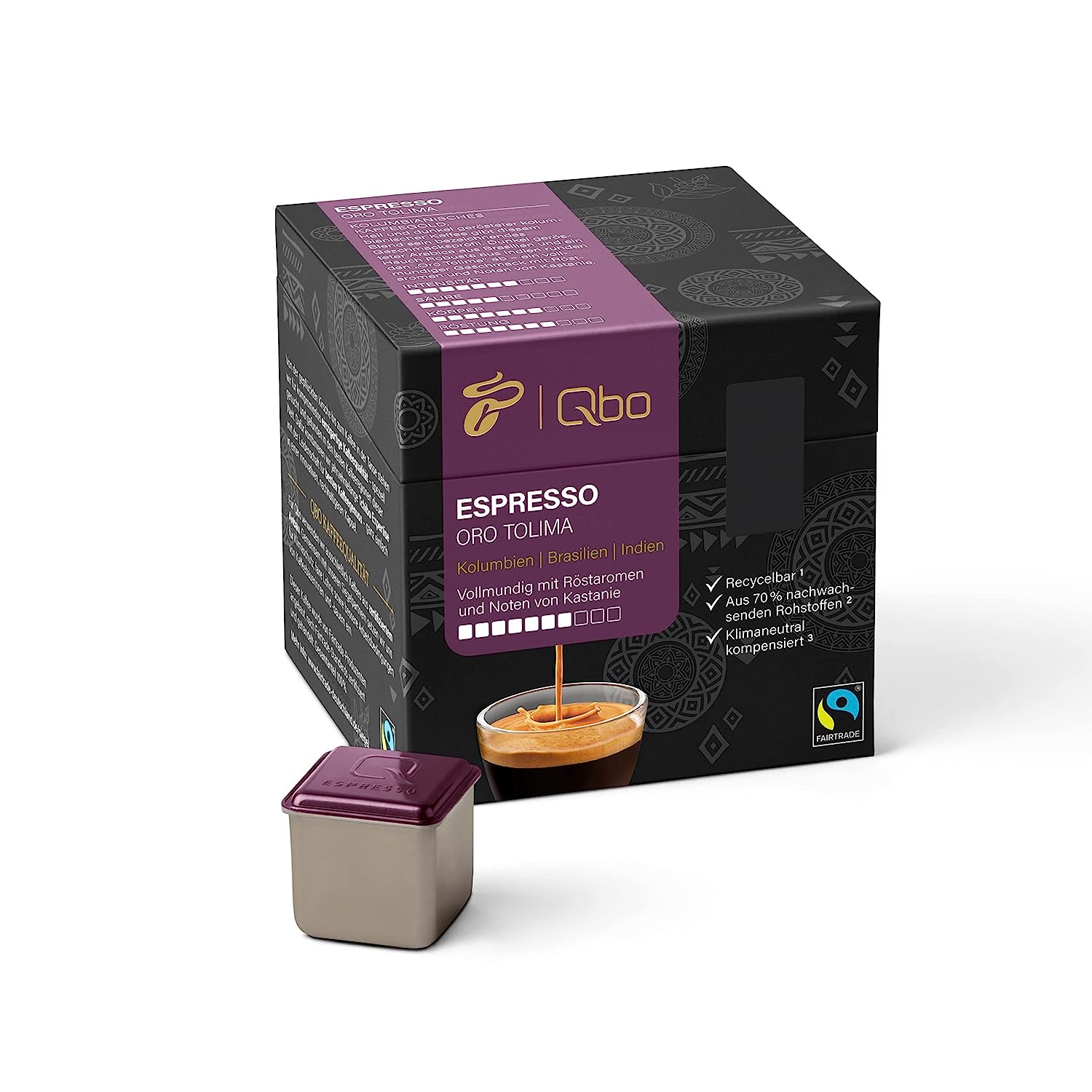 Tchibo qbo Espresso Oro Tolima Premium coffee capsules, 216 pieces - 8x27 capsules (espresso, intensity 7/10, full -bodied with roasted aromas), sustainable, from 70% renewable raw materials