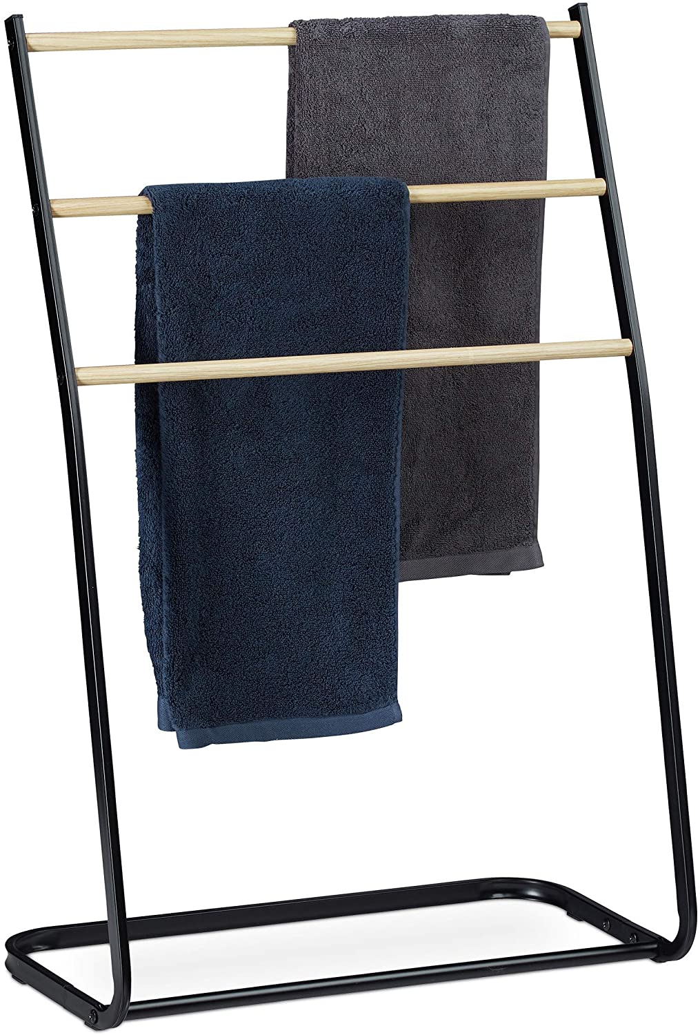 Relaxdays Standing Towel Rail Metal 3 Rungs Wood Effect For Towels And Clot