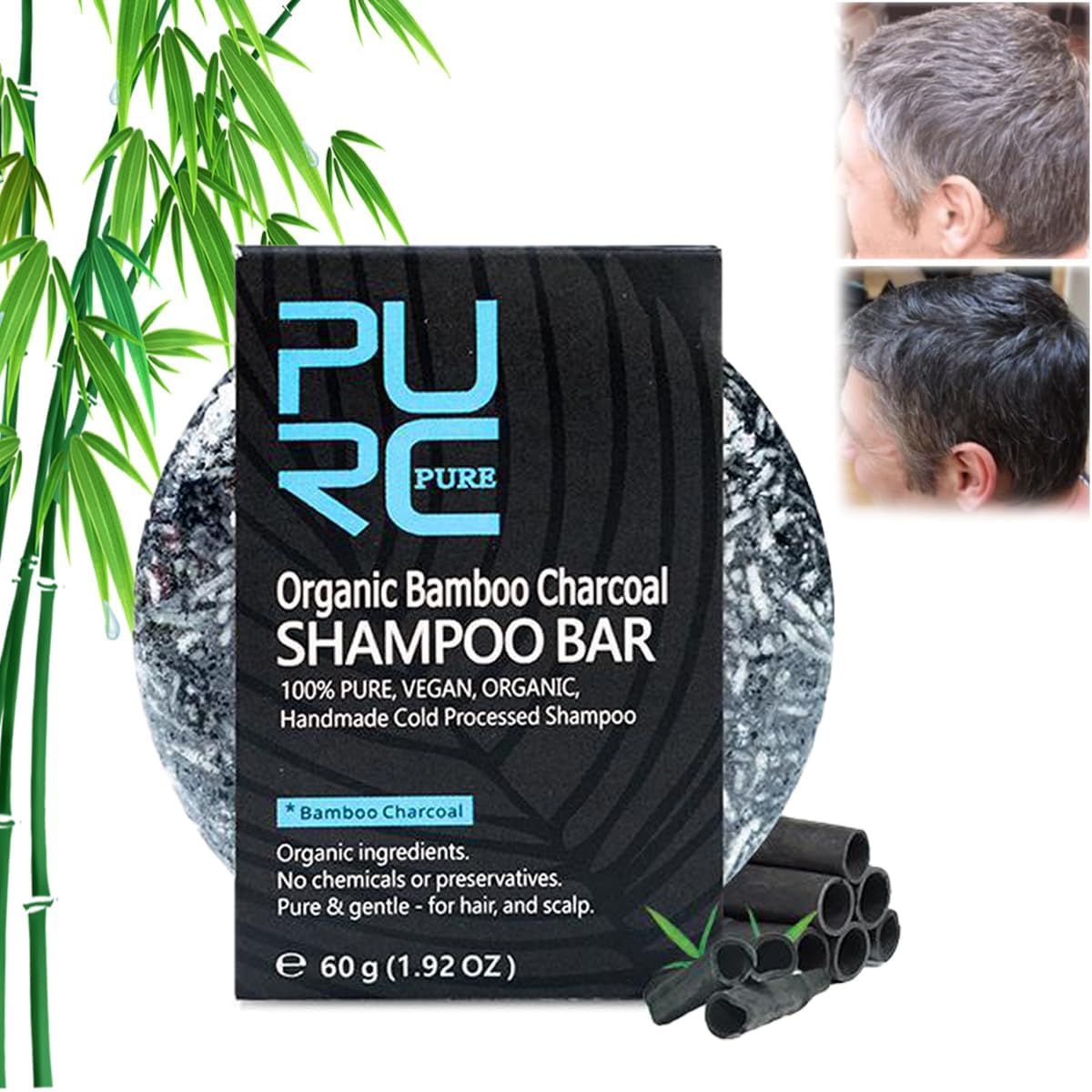 Pure Hair Revitalization Bar for Men, Pure Organic Bamboo Charcoal Shampoo Bar, Pure Hair Revitalization Bar Soap for Gray, Reverse Darkening Shampoo, Gray Repair, Pure Shampoo Bar (1 Piece)