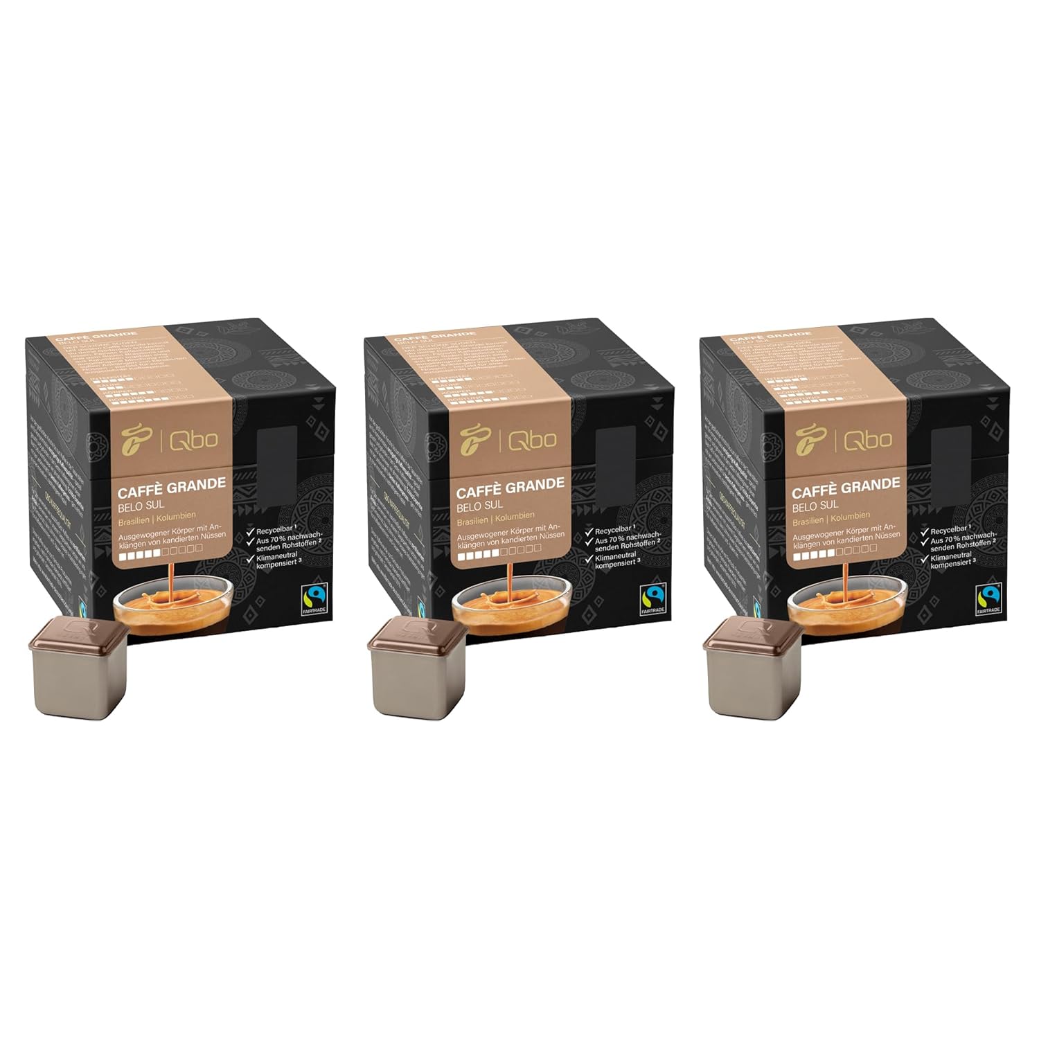 Tchibo Qbo Caffè Grande Belo Sul Premium Coffee Capsules, Pack of 81 - 3 x 27 Capsules (Caffè Grande, Intensity 5/10, Balanced and Nutty), Sustainable, Made from 70% Renewable Raw Materials