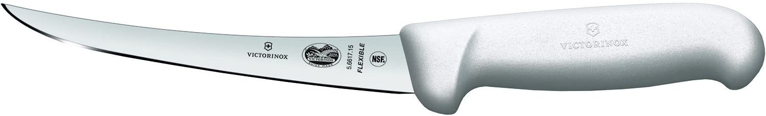 Victorinox Fibrox Boning Knife, 15 cm, Curved, Narrow, Flexible, Rustproof, Dishwasher Safe, White