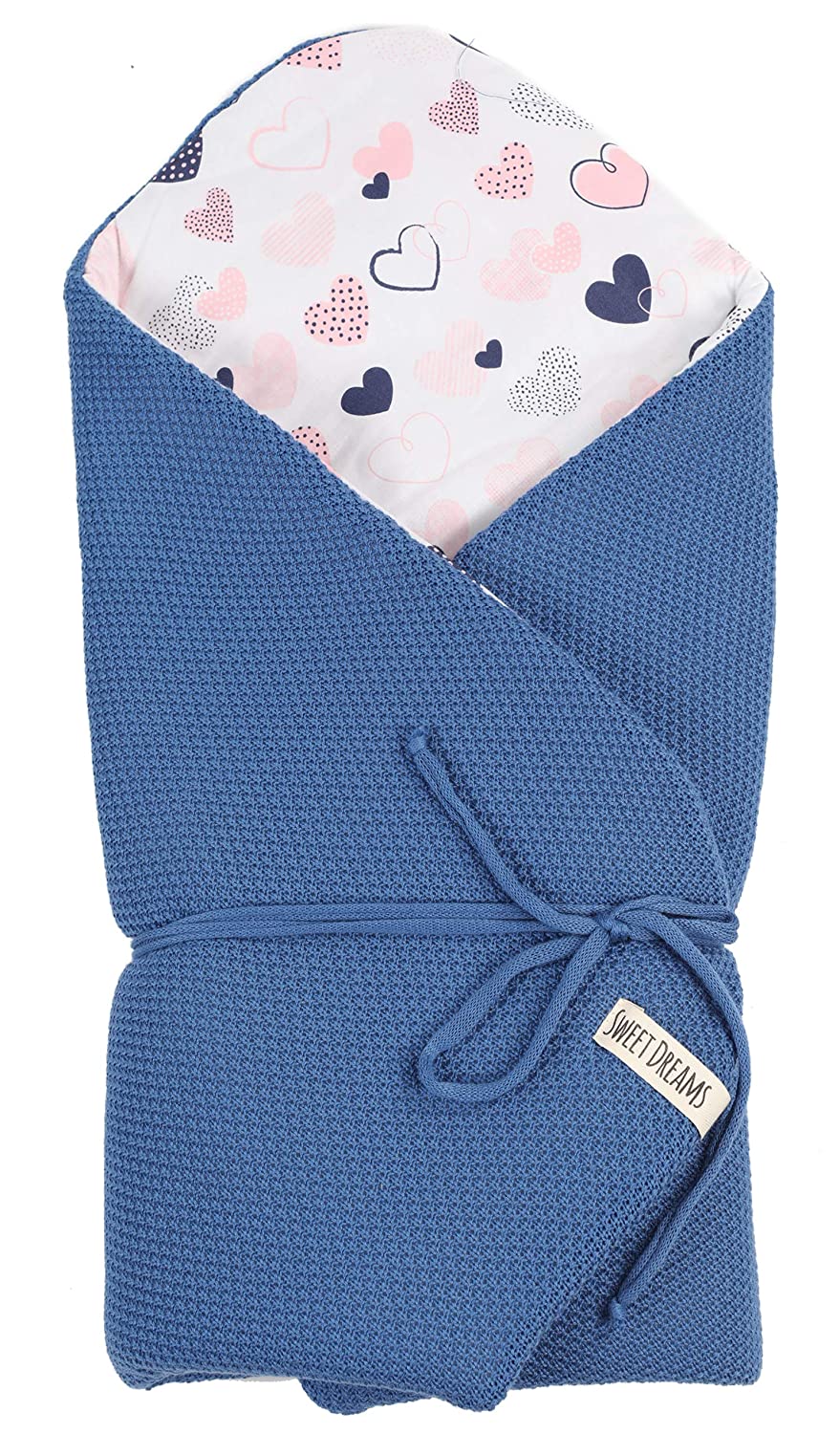 SweetDreams 1024 Baby Swaddling Blanket for Newborns and Toddlers, Cotton, 0 - 12 Months, Super Soft, 75 x 75 cm Jeans / Heart