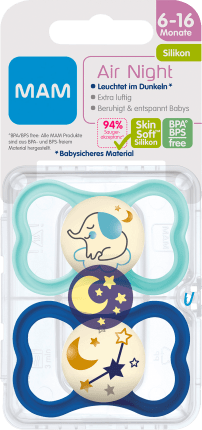 MAM Pacifier Air Night Silicone, turquoise/blue, 6-16 months, 2 pcs