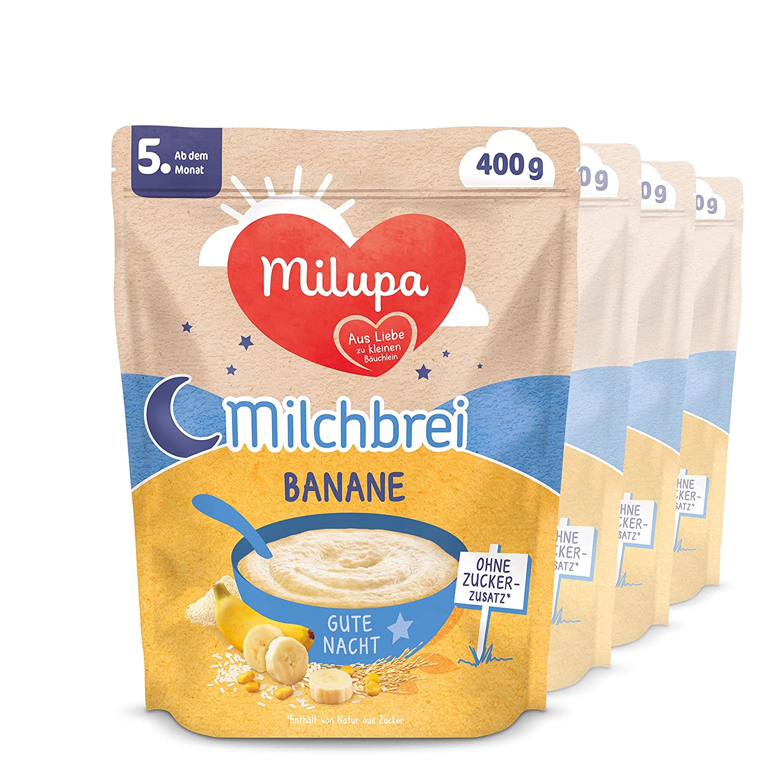 Milupa Milchbrei Banane, Gute Nacht, ohne Zuckerzusatz, 4 x 400g