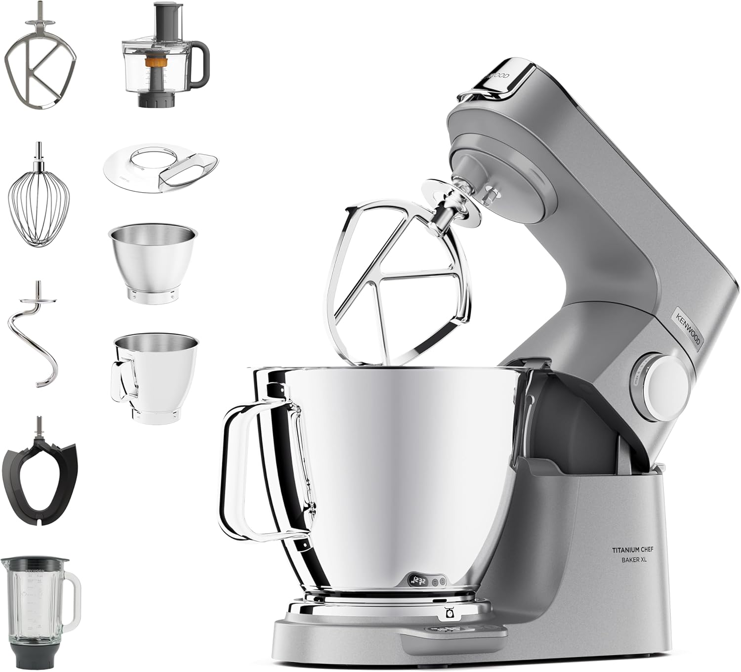 Kenwood Titanium Chef Baker KVL85.424SI Food Processor with Integrated Scale, Includes 3-Piece Patisserie Set, 5 L and 3.5 L Mixing Bowl, Continuous Speed ​​Control, 1200 W, Silver