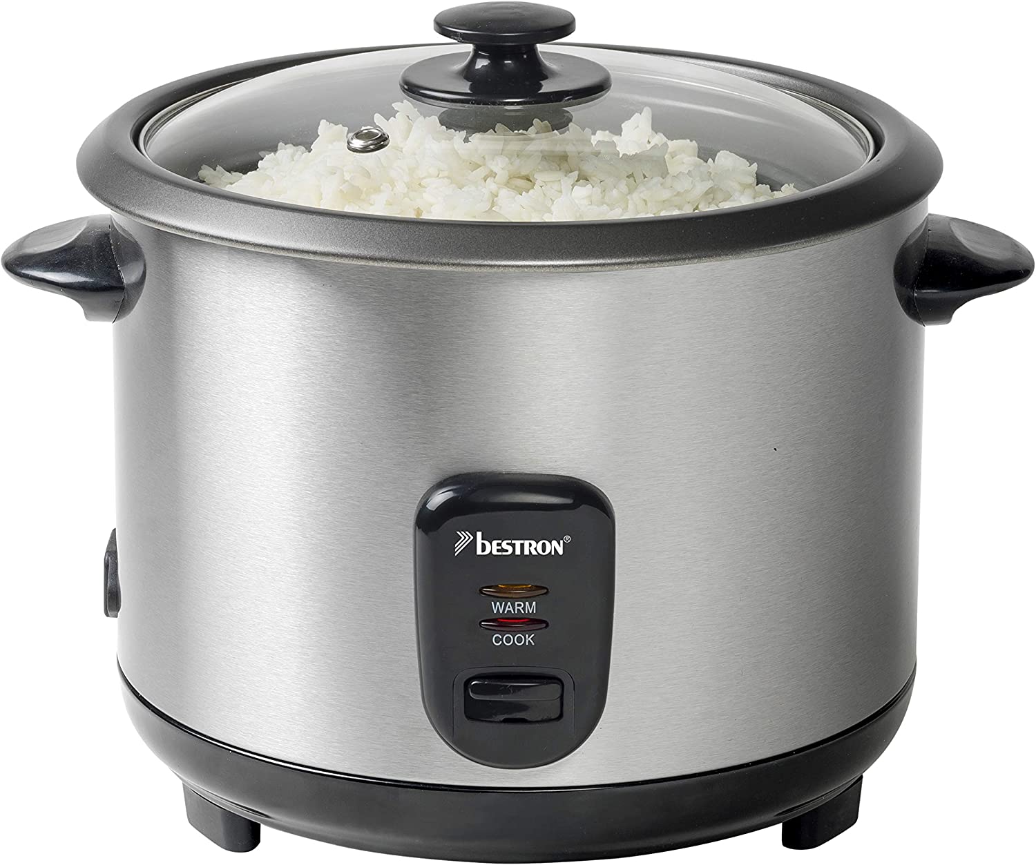 Bestron Large Rice Cooker for 8-10 People, Includes Steamer Attachment, Measuring Cup & Rice Spoon, with Non-Stick Coating and Indicator Light, Dishwasher Safe, 1.8 Litres, 700 W, Colour: Silver