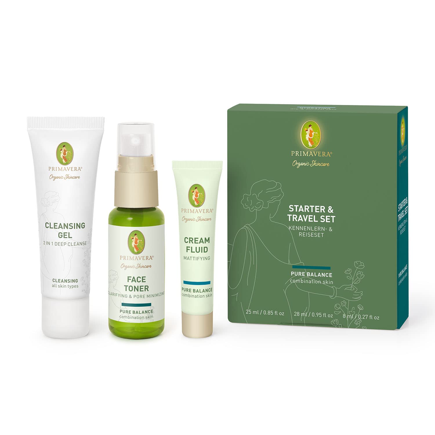 PRIMAVERA Starter & Travel Set Pure Balance - Natural Cosmetics - Learning to know & Travel Set for Combination Skin and Oily Skin - Gift Box Cleaning, Toner, Care - Vegan
