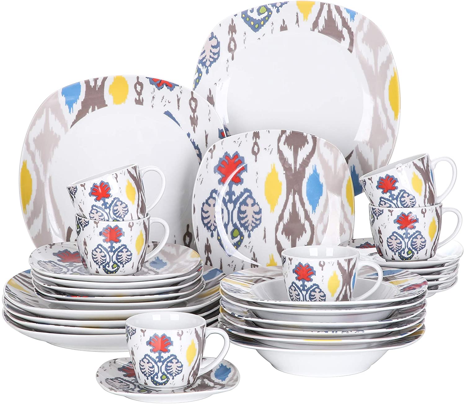 VEWEET Dinner Service 30 Pieces | Crockery Set Includes Coffee Cups, Saucer, Dessert Plate, Dinner Plate and Soup Plate | Complete Service for 6 People