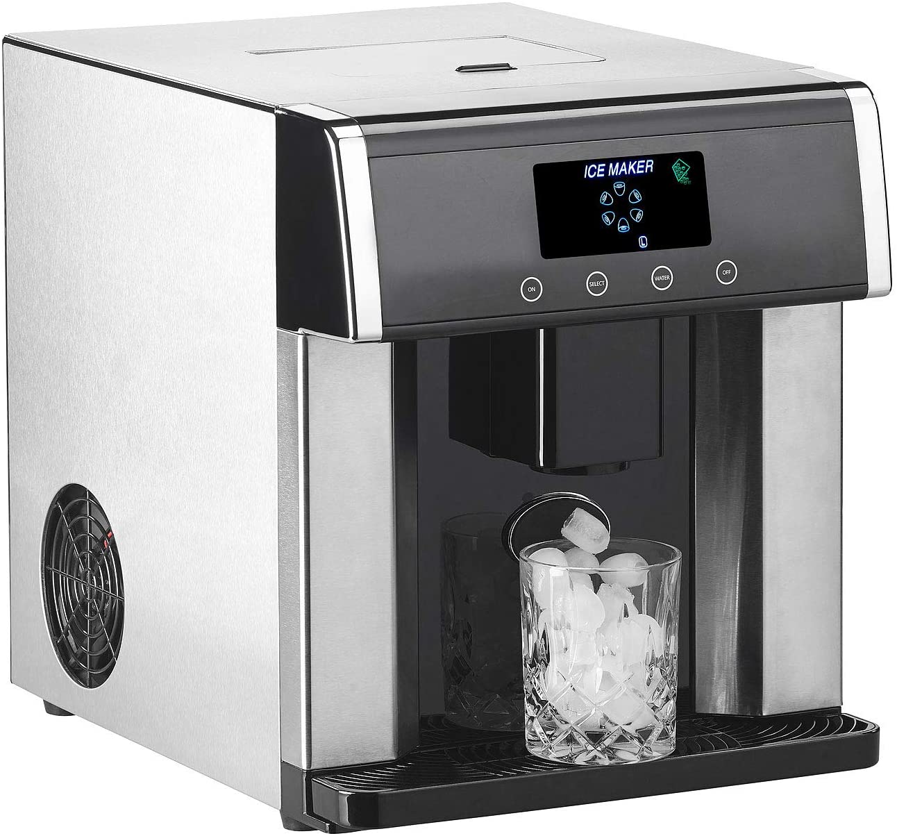 Rosenstein & Söhne Ice cube maker: Ice Cube Machine & Water Dispenser V2 with XL Display, Stainless Steel Housing