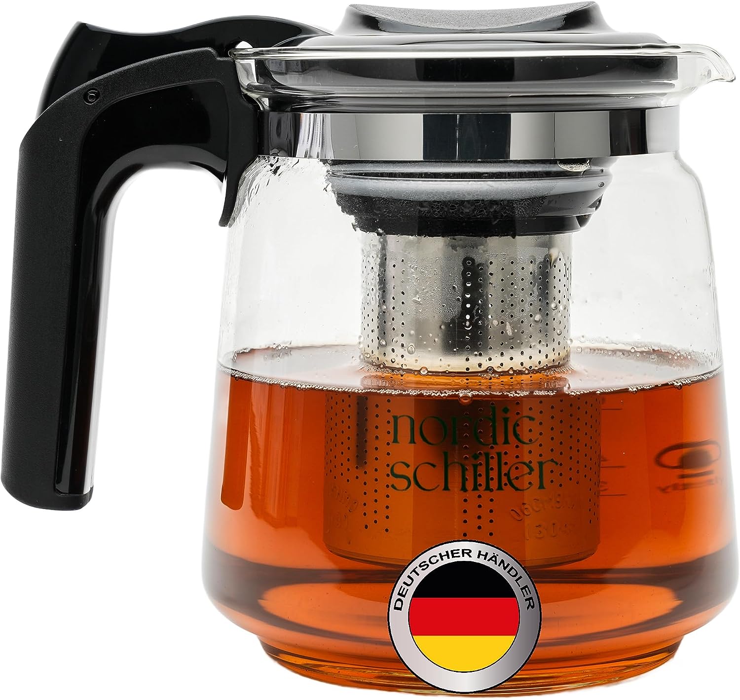 NORDIC SCHILLER Premium Glass Teapot, Heat Resistant Glass Jug with Lid, 1.5 Litre Teapot with Strainer Insert, Thermal Teapot with Stainless Steel Filter Strainer, Tea Maker, Teapot with Strainer Tea