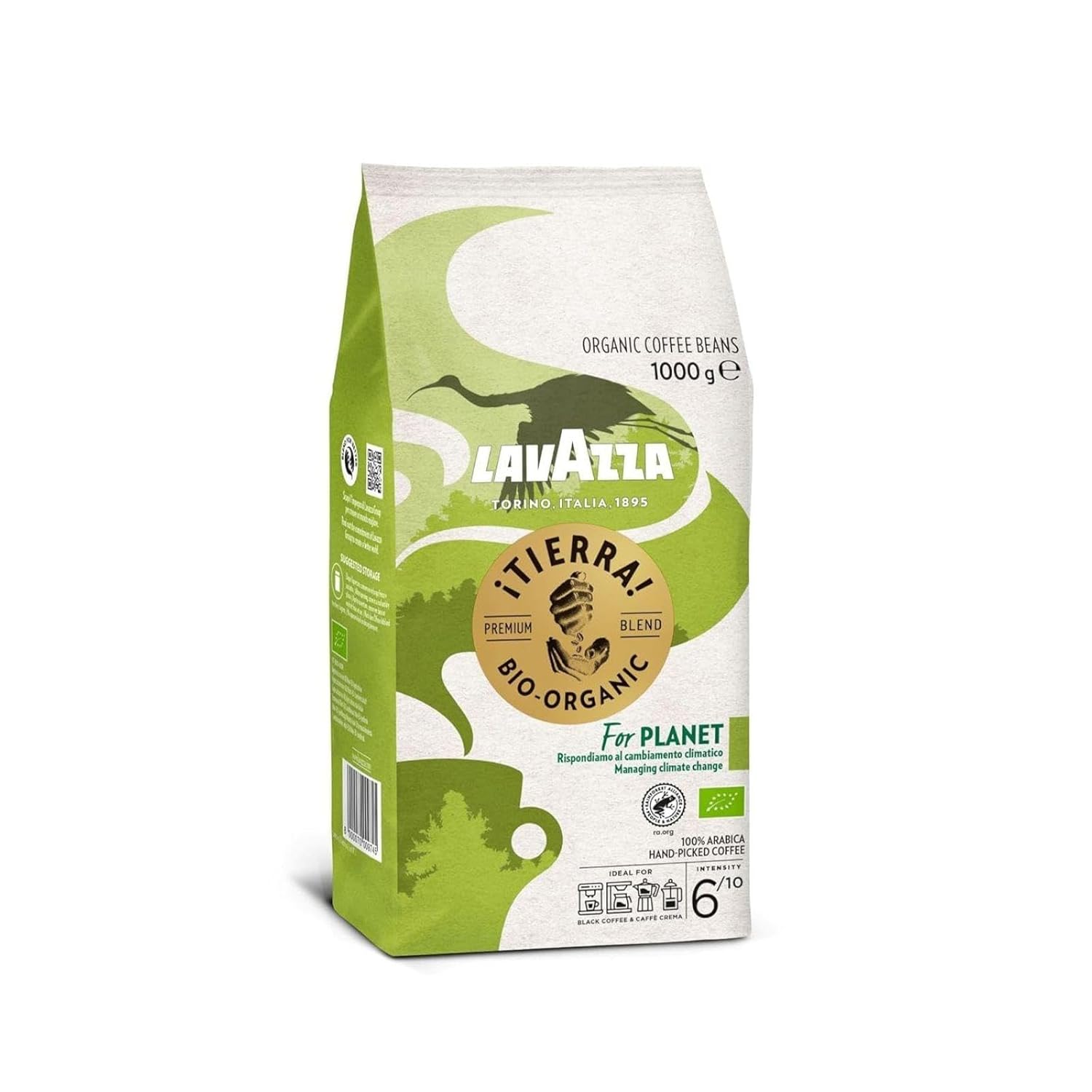 Lavazza, Tierra For Planet, 100% Organic Arabica Coffee Beans, Ideal for Espresso Machines, Mild Flavor, Intensity 6/10, Fruity & Floral Flavors, Light Roasting, 1 kg Pack