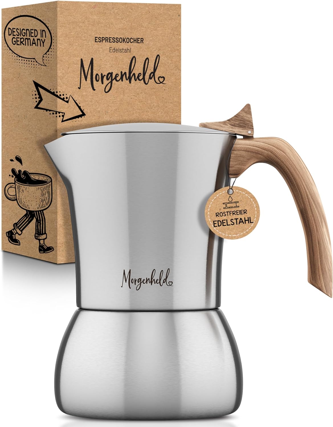 Morgenheld Premium Espresso Maker Induction for 6 Cups [300 ml] Made of Stainless Steel - Mocha Pot, Espresso Jug Suitible for All Types of Cookers - Dishwasher Safe