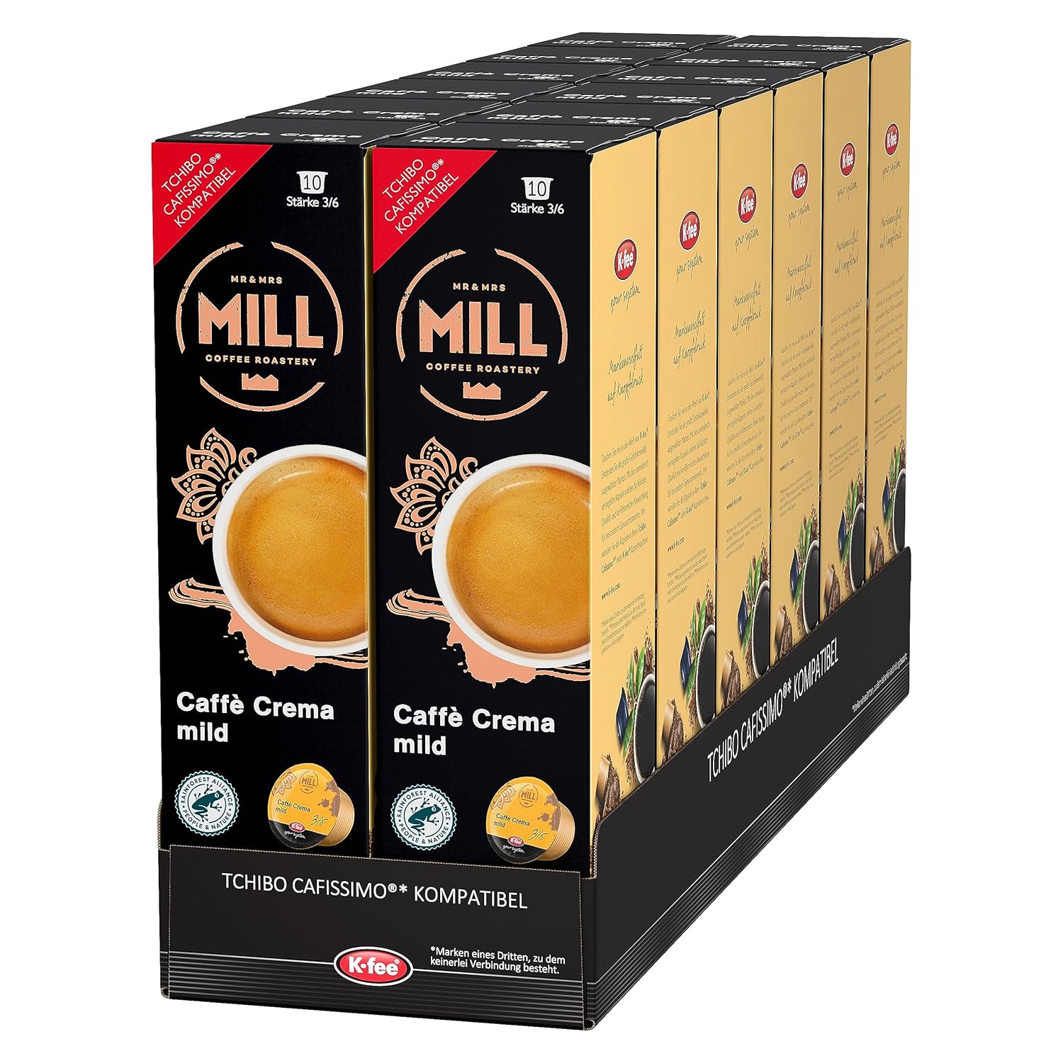Mr & Mrs Mill Coffee Capsules Caffè Crema Mild, Strength 3/6, Compatible with K-fee & Tchibo Cafissimo*, Rainforest Alliance Certified, 120 Capsules (12 x 10)