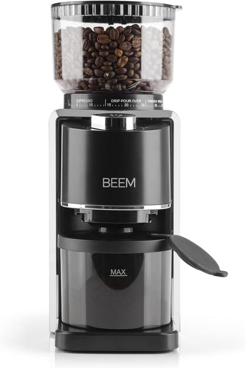 BEEM GRIND-PERFECT Electric Coffee Grinder - 250 g | 35-Level Grinding Setting, Cone Grinder, Quantity Dosage Adjustable via Rotary Wheel (2-12 Cups) | Grind directly into portafilter with diameter