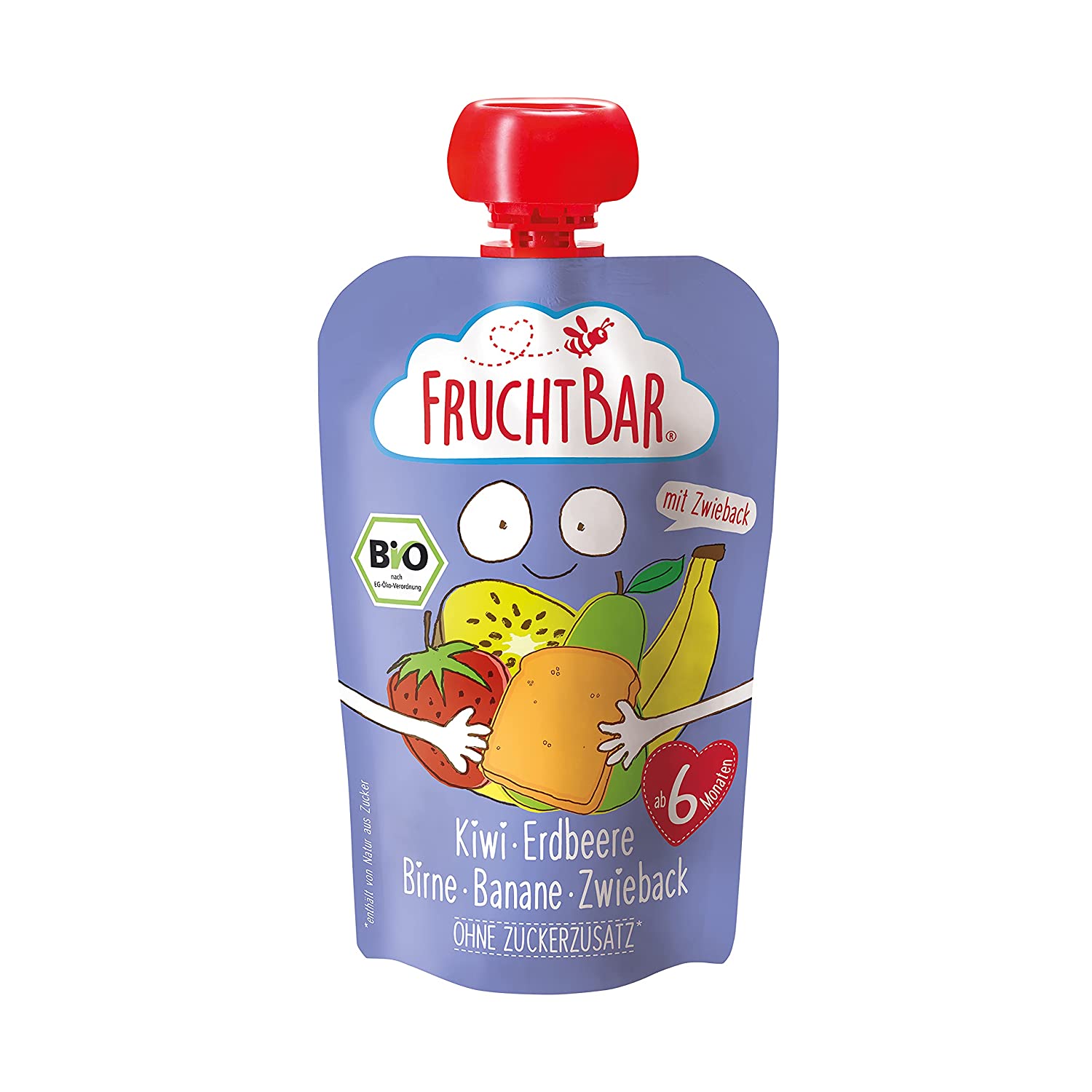 FruchtBar Bio Fruchtpüree Kiwi-Erdbeere-Birne-Banane-Zwieback, im Quetschbeutel, 8x100g