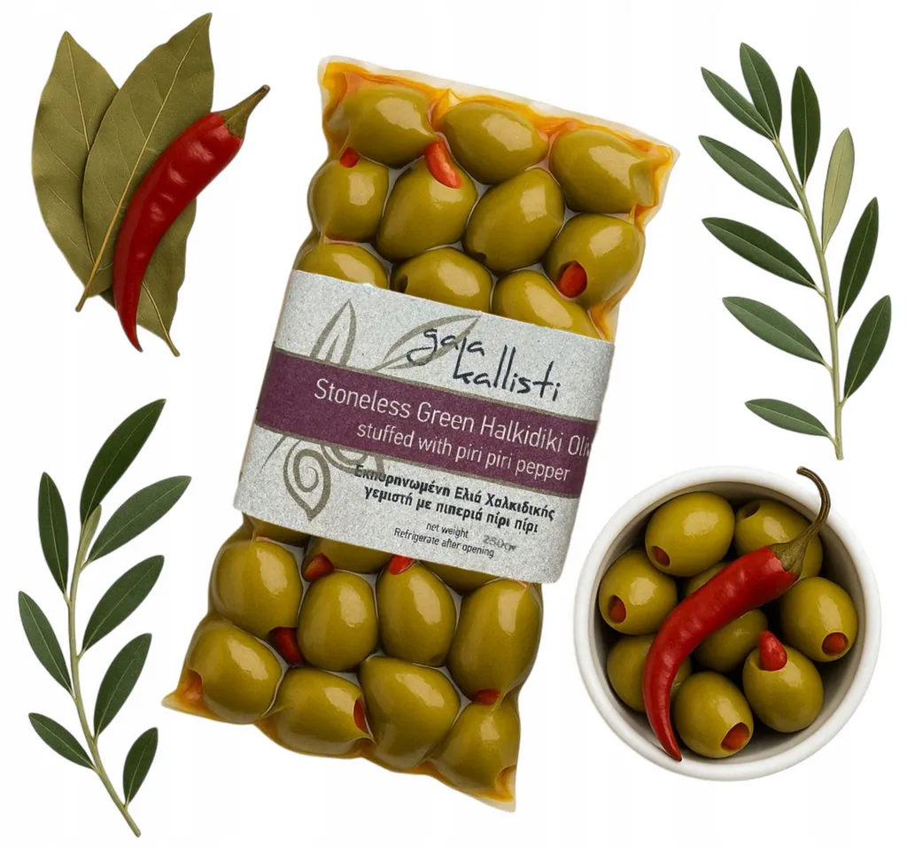Gaia Kallisti, Pitted Green Olives 250G Halkidiki with Piri-Piri Filling