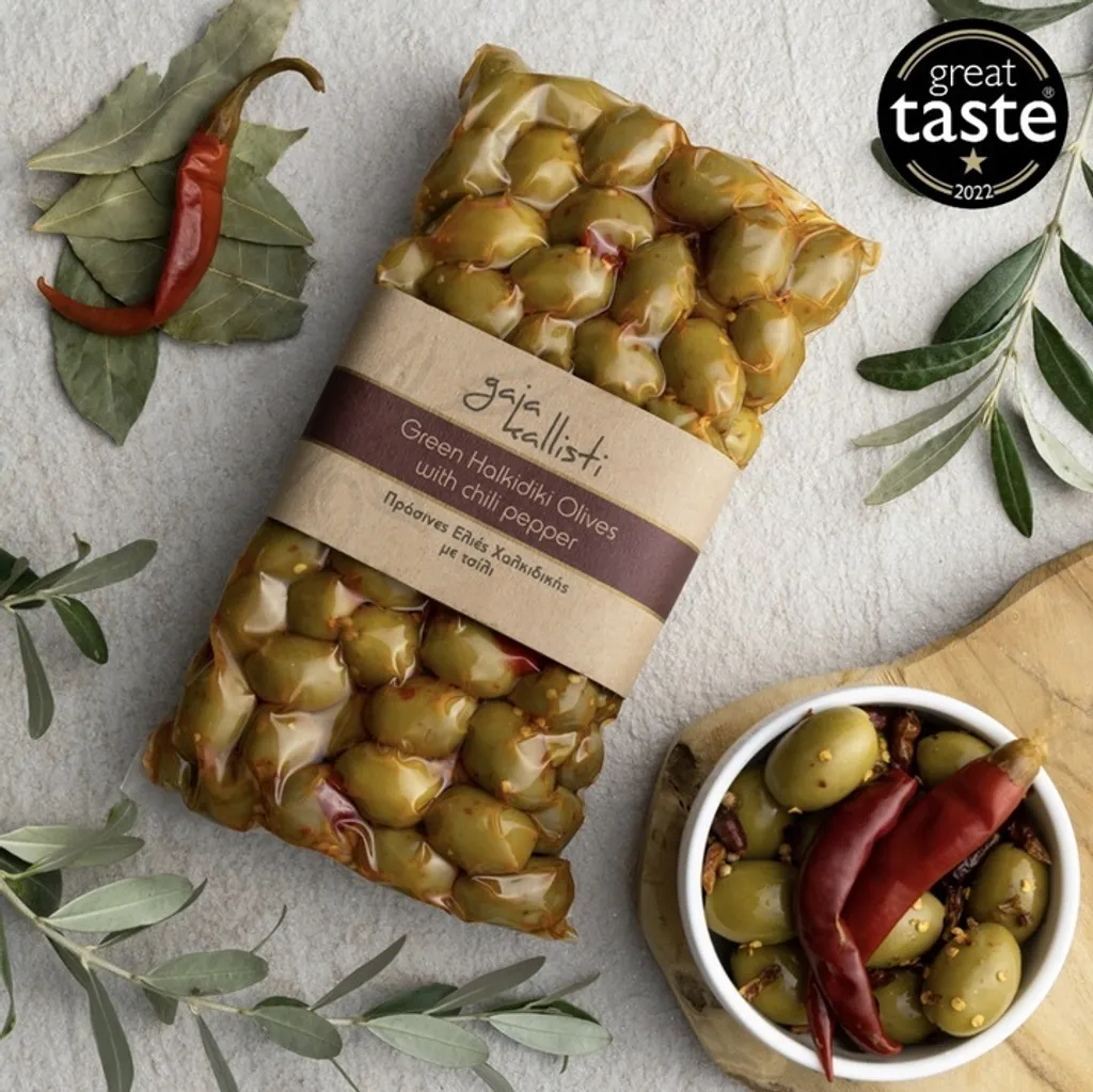 Gaia Kallisti, Green Olives, 250g, Olives with chili pepper flakes, Olives from Chalkidiki, Greece, Greek olives, Olives