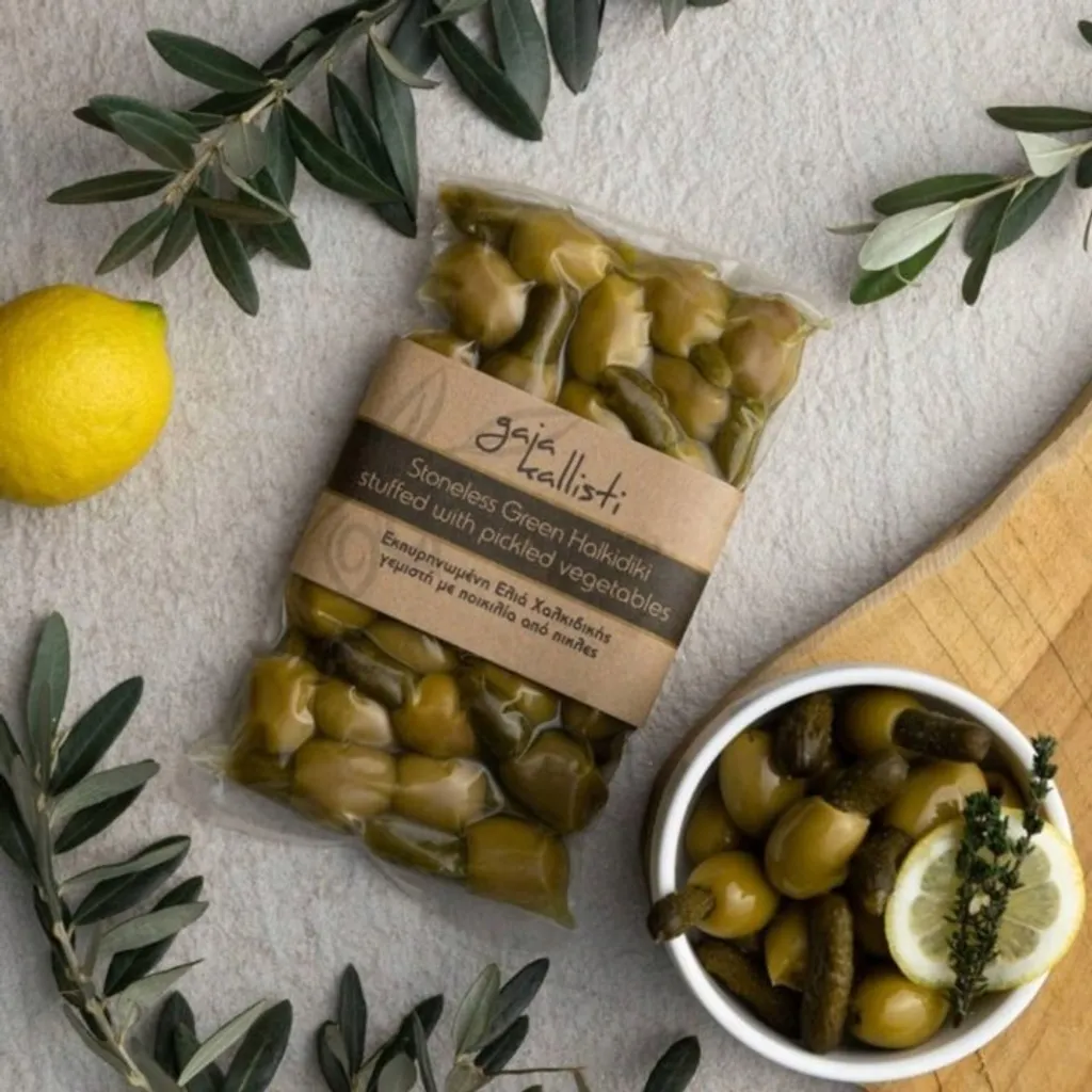 Gaia Kallisti, Green Olives, Olives 250g, stuffed with pickled cucumber, pitted, Greek Olives