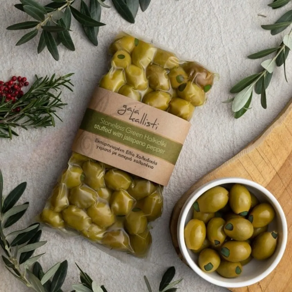Gaia Kallisti, Green Olives, 250g olives, stuffed with jalapeno peppers, pitted, olives from Greece
