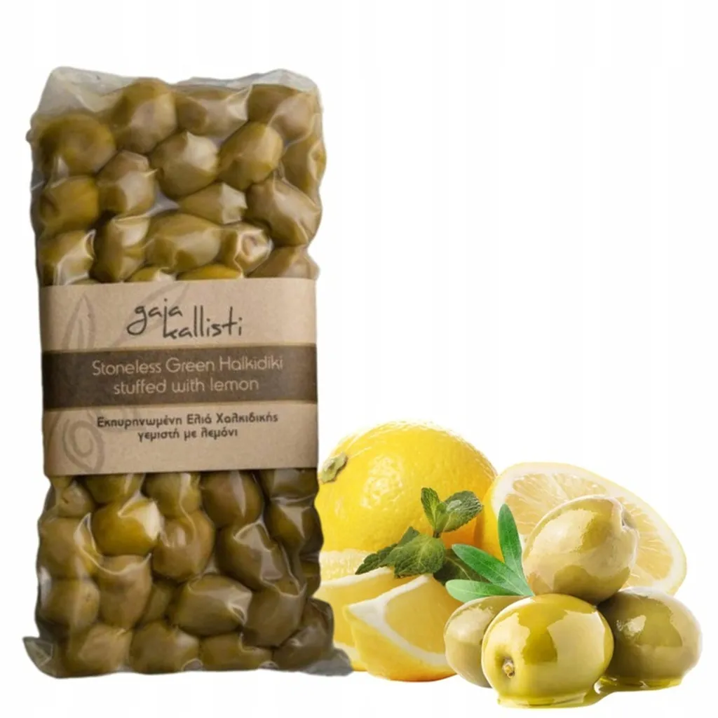 Gaia Kallisti, Green Olives, Olives 250g, pitted olives, stuffed with lemon, vacuum-packed olives, from Greece, Greek delicacy, antipasti