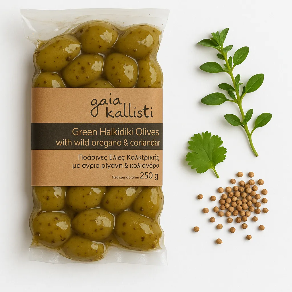 Gaia Kallisti, Green Olives, Olives 250g, Olives with Oregano and Coriander, Olives from Chalkidiki, Greece, Greek Olives, Antipasti