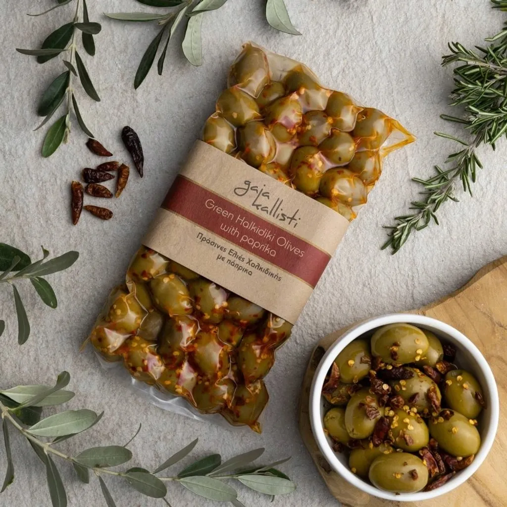 Gaia Kallisti, Olives, Olives 250g, Green Olives, Greek Olives, Olives with Paprika, Halkidiki