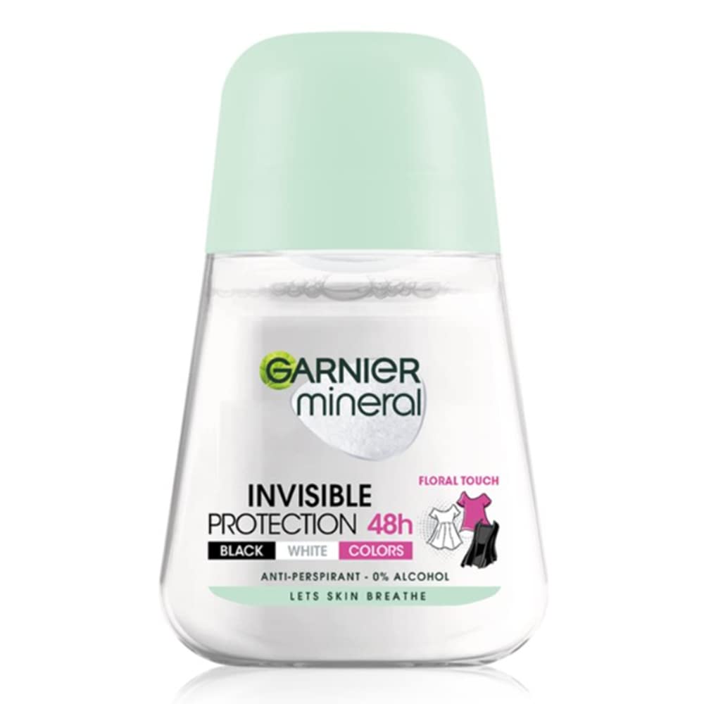 Garnier mineral Deoroller Invisible, geeignet für schwarze, weiße und farbige Kleidung, 48-Stunden-Antitranspirant, 50 ml