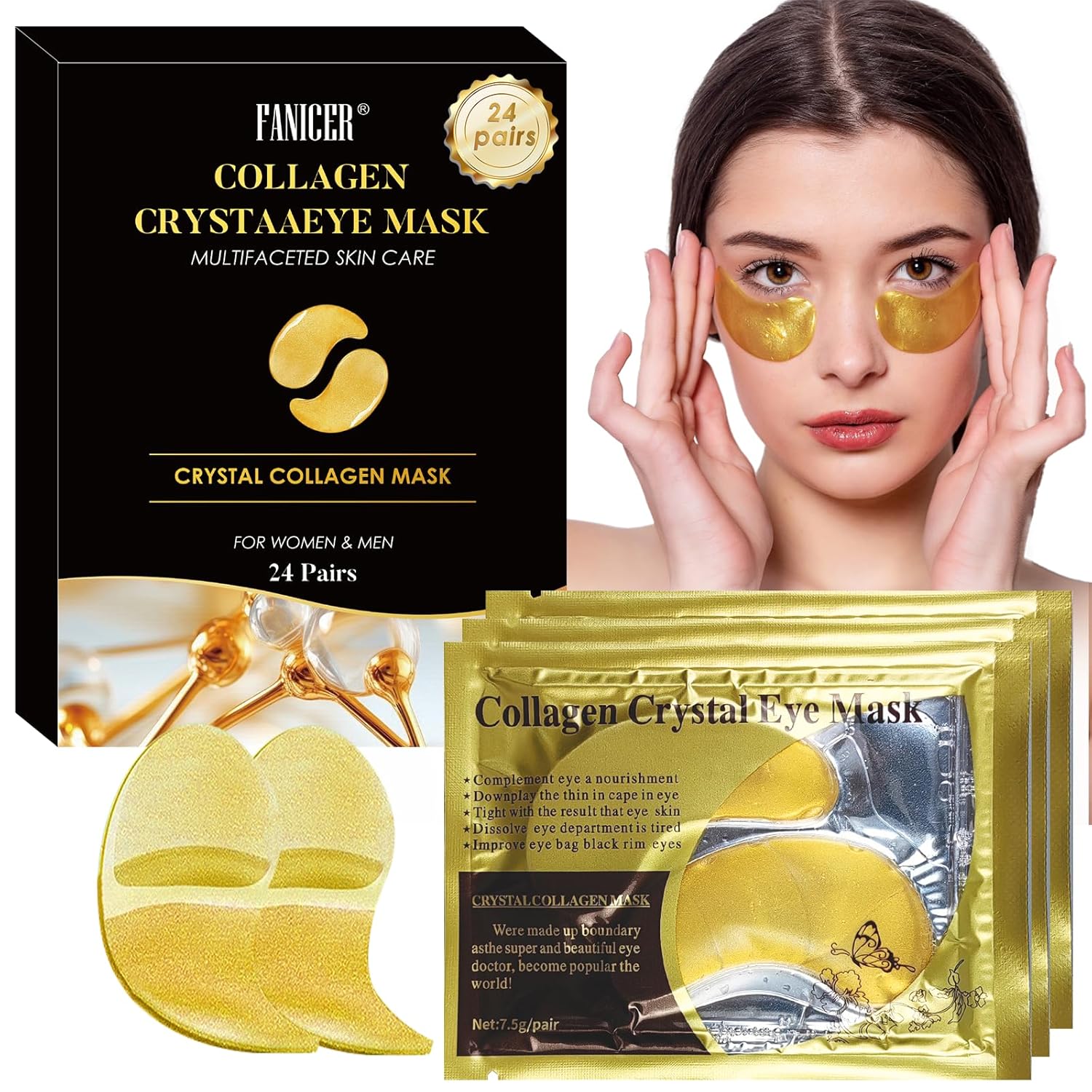 24 Pairs Eye Pads, Eye Mask 24 Carat Gold, Eye Treatment Eye Gel Pads, Deep Moisturising Eye Pads Masks, for Eye Care, Moisturising, Remove Puffiness