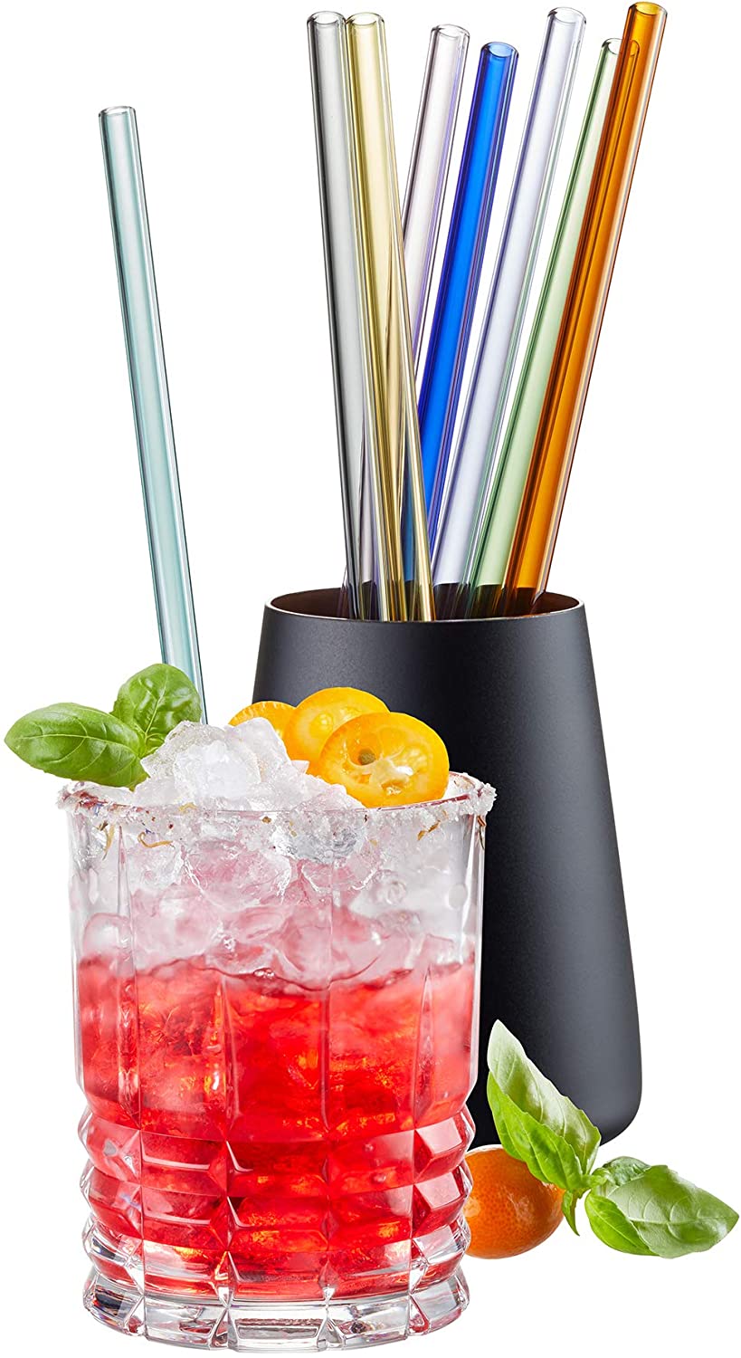 GEFU 89439 Decorative Glass Drinking Straws 23 cm Colourful Pack of 8 with Brush