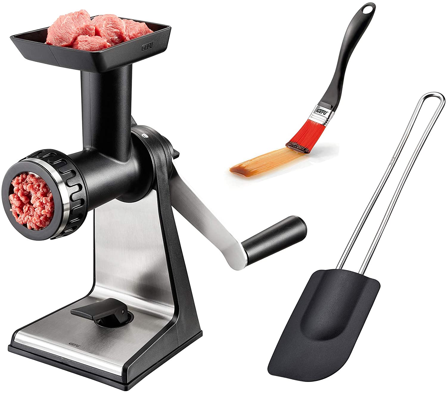 Gefu Meat Mincer with Forma – Set with Biscuit Attachment, Basting Brush and Spatula