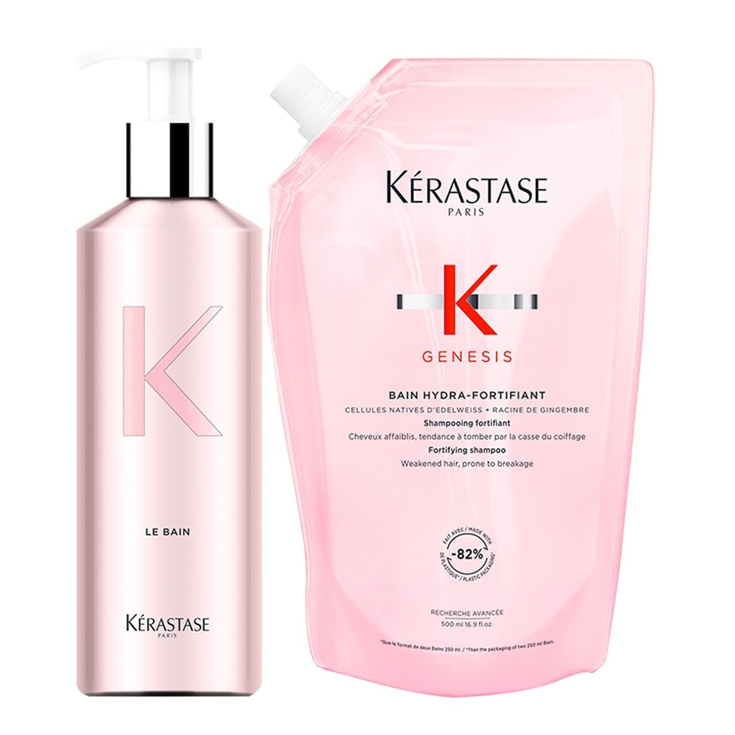 Kerastase Genesis Bain Hydra-Fortifiant refillable aluminum bottle and refill pack hair shampoo