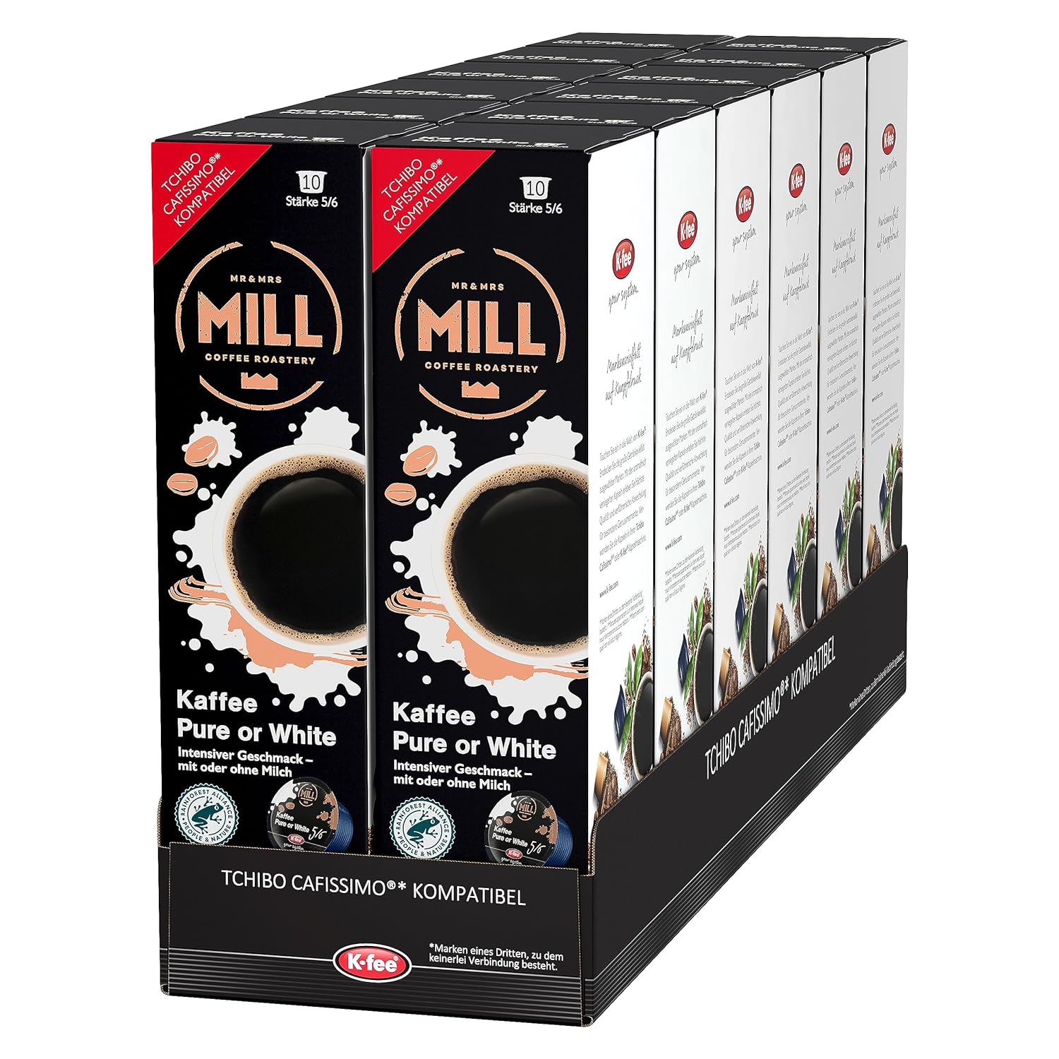 Mr & Mrs Mill Coffee Capsules Pure or White, Filter Coffee, Strength 5/6, Compatible with K-fee & Tchibo Cafissimo*, UTZ Certified, 120 Capsules (12 x 10)