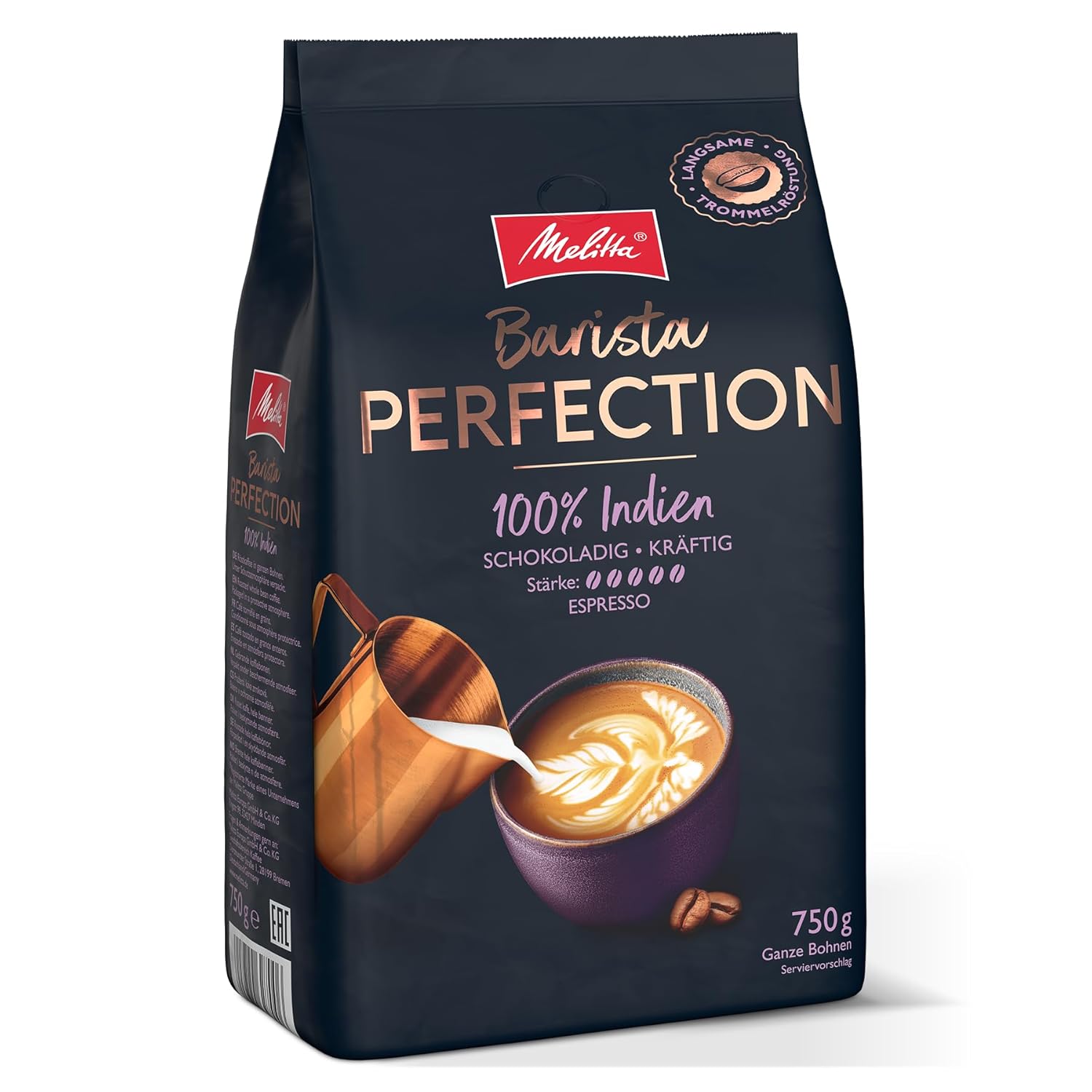 Melitta Barista Perfection 100% India, Whole Coffee Beans 750g, Unground, Single Origin Coffee, Arabica Robusta Blend, Slow Drum Roasting, Espresso, Strength 5