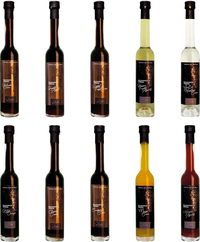 Happy Moments 10-piece set, 100ml each, Balsamic Crema Fruit Vinegar Preparation - Classica, Passion Fruit Aperitif, Cranberry, Mango, Blueberry, Blood Orange, Date Fig, Pomegranate, Raspberry, Hazelnut