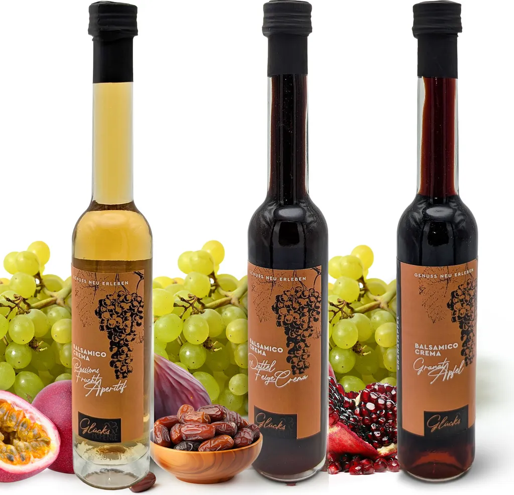 Glücks Momente Orient Mix 3-piece set, 100ml each - Pomegranate, Date Fig Crema, Passion Fruit Aperitif - Balsamic Crema Fruit Vinegar Preparation with 3% Acidity