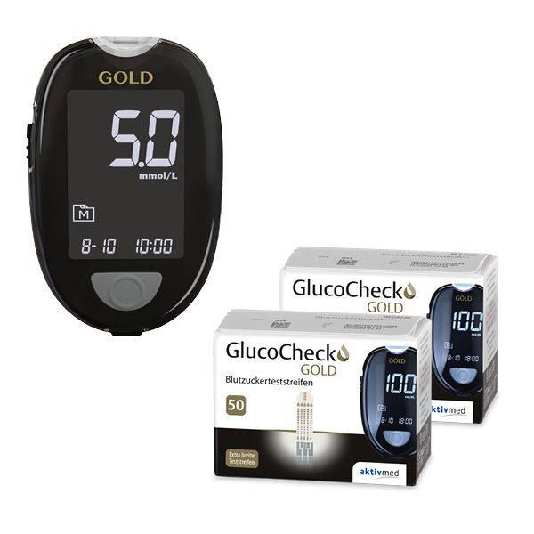 Glucocheck gold set (mmol/l) to control the blood sugar with 110 test strips