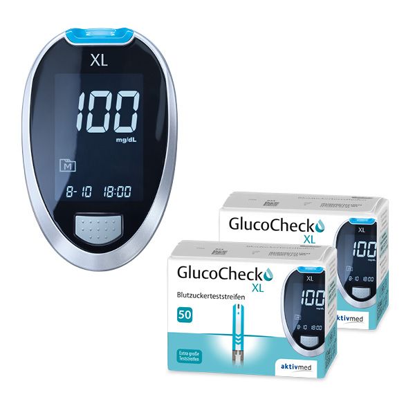 Glucocheck XL set [mg/dl] with 110 test strips to control the blood sugar