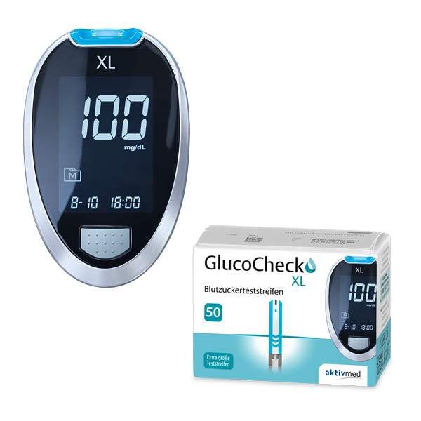 Glucocheck XL set [mg/dl] with 60 test strips to control the blood sugar