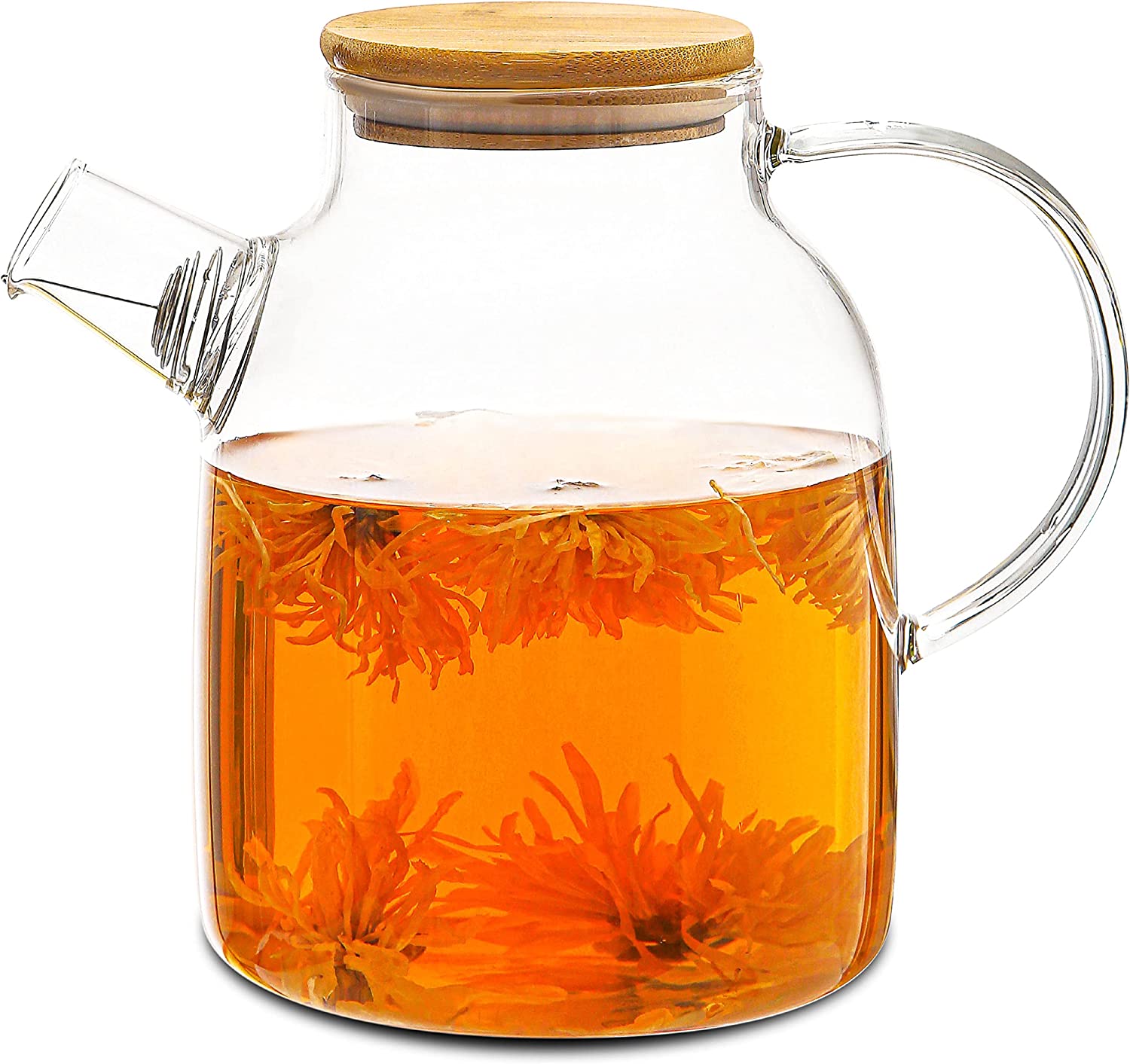 Cosumy Glass Teapot 1.5 Litres with Bamboo Lid - Filter in Spout - For Hot and Cold Drinks - Dishwasher Safe