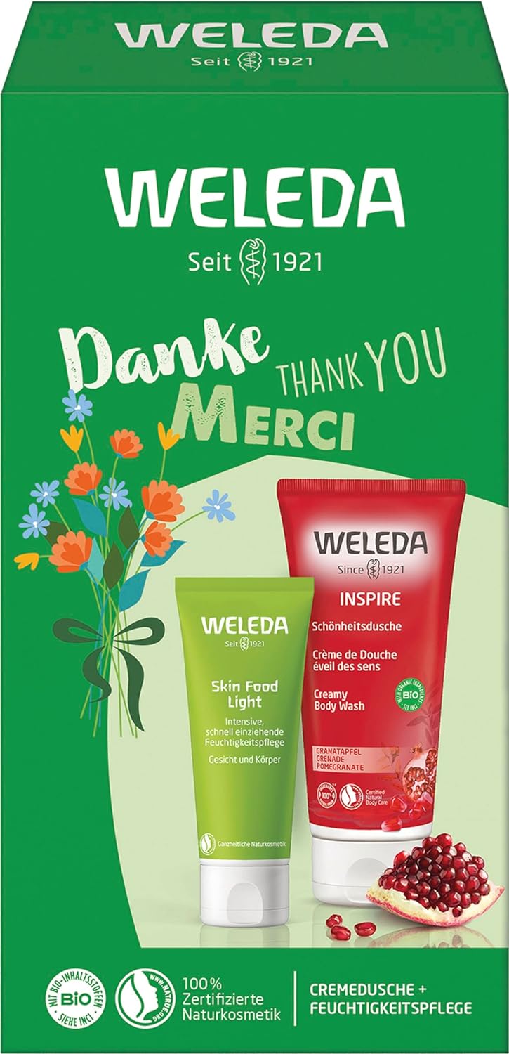WELEDA Organic Gift Set Thank You - Natural Cosmetics Gift Box Consisting of Inspire Pomegranate Shower Gel & Skin Food Light Skin Cream Optimal Gift Set for Men and Women for Daily Body Care