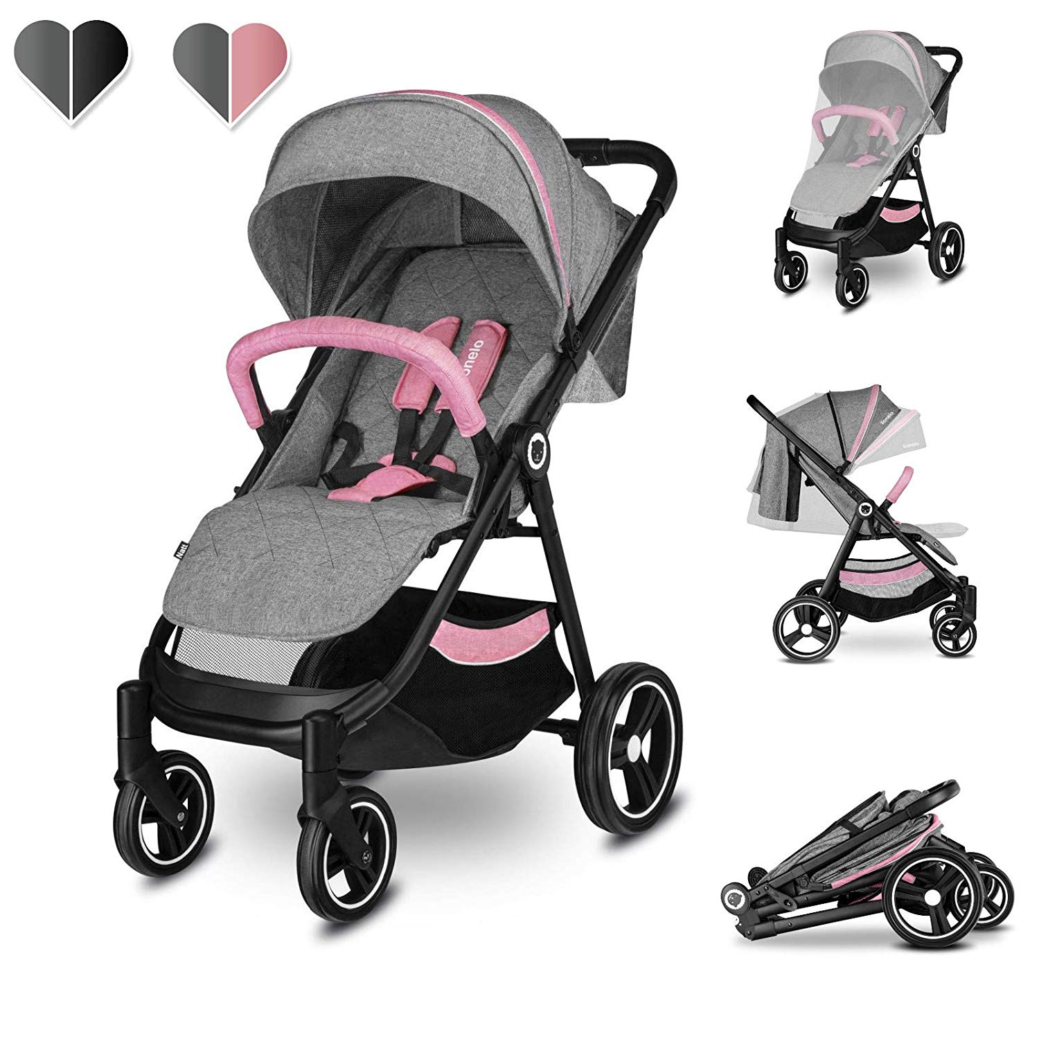 Lionelo Natt Pushchair Buggy up to 22 kg, Buggy with Reclining Position, Footrest Adjustment, XXL Canopy with Viewing Window, EVA Wheels, Mosquito Net, Foldable pink