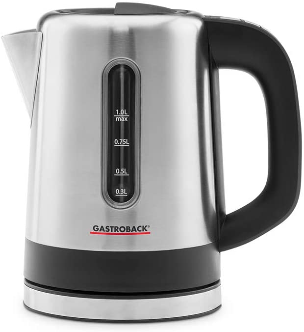 Gastroback 42435 Design Mini Kettle, 1 Litre Stainless Steel Container with Level Indicator, Illuminated Control Panel, Warming Function, 2,200 Watt, 18/8