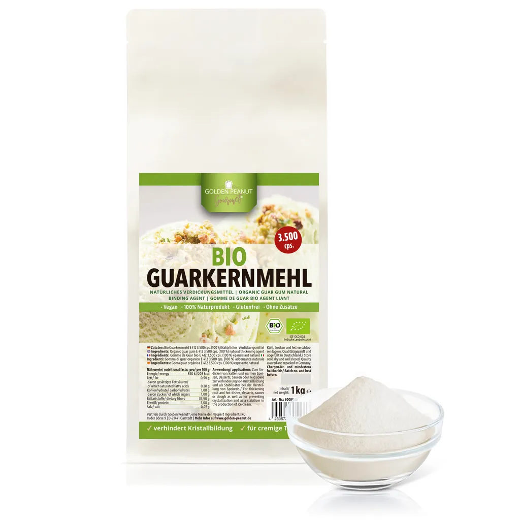 GOLDEN PEANUT Organic Guar Gum 3500 cps. ORGANIC 1 kg - Guar Gum, Gluten-Free Thickener, Hydrocolloid