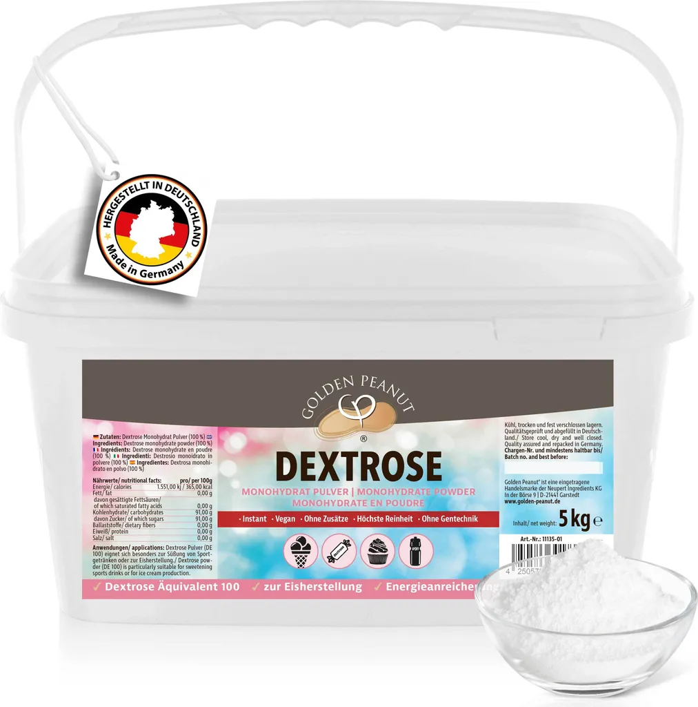 GOLDEN PEANUT Dextrose monohydrat 5 kg - Traubenzucker Pulver, zusatzfreies Dextrosepulver, vegan, schnelle Energie, beste Lebensmittelqualität