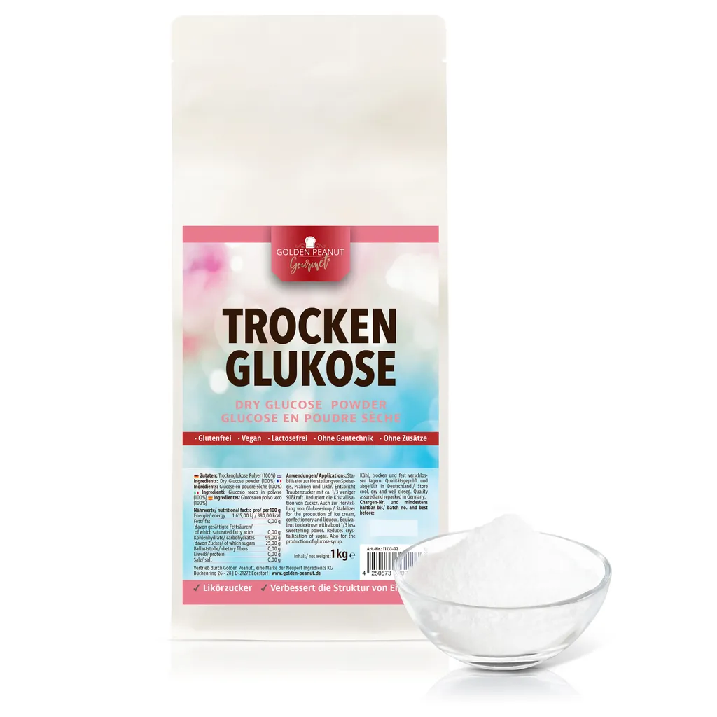 GOLDEN PEANUT Gourmet Trockenglukose Pulver 1 kg – Glukose Glukosepulver, Lebensmittelqualität, Likörzucker, vegan und ohne Zusätze